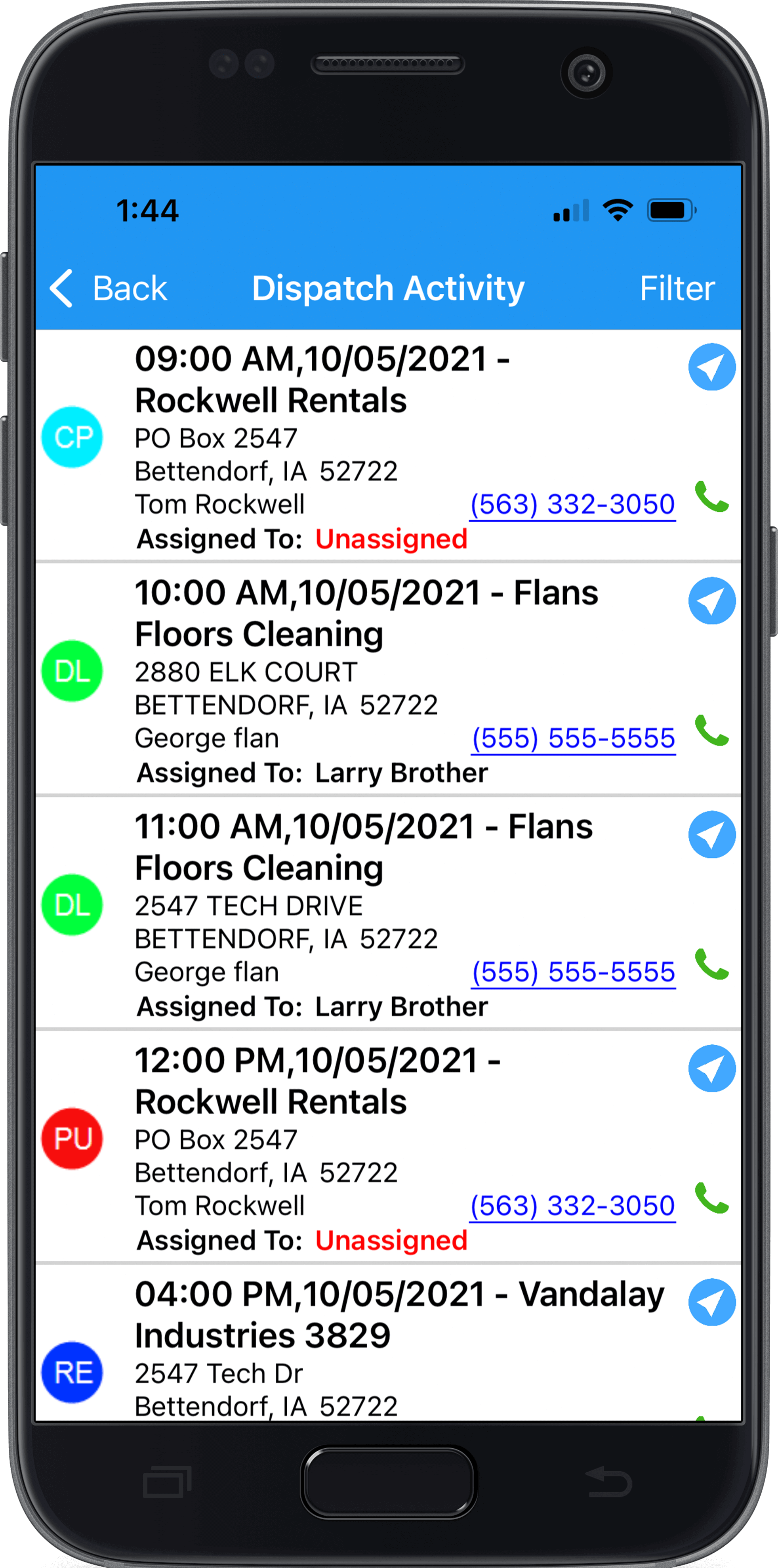 DispatchActivity phone showing mobile dispatch functionality in integrarental software