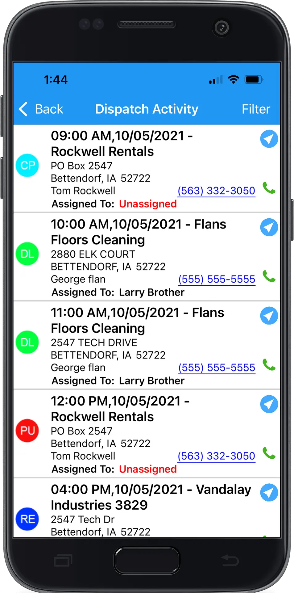 phone showing mobile dispatch functionality in integrarental software