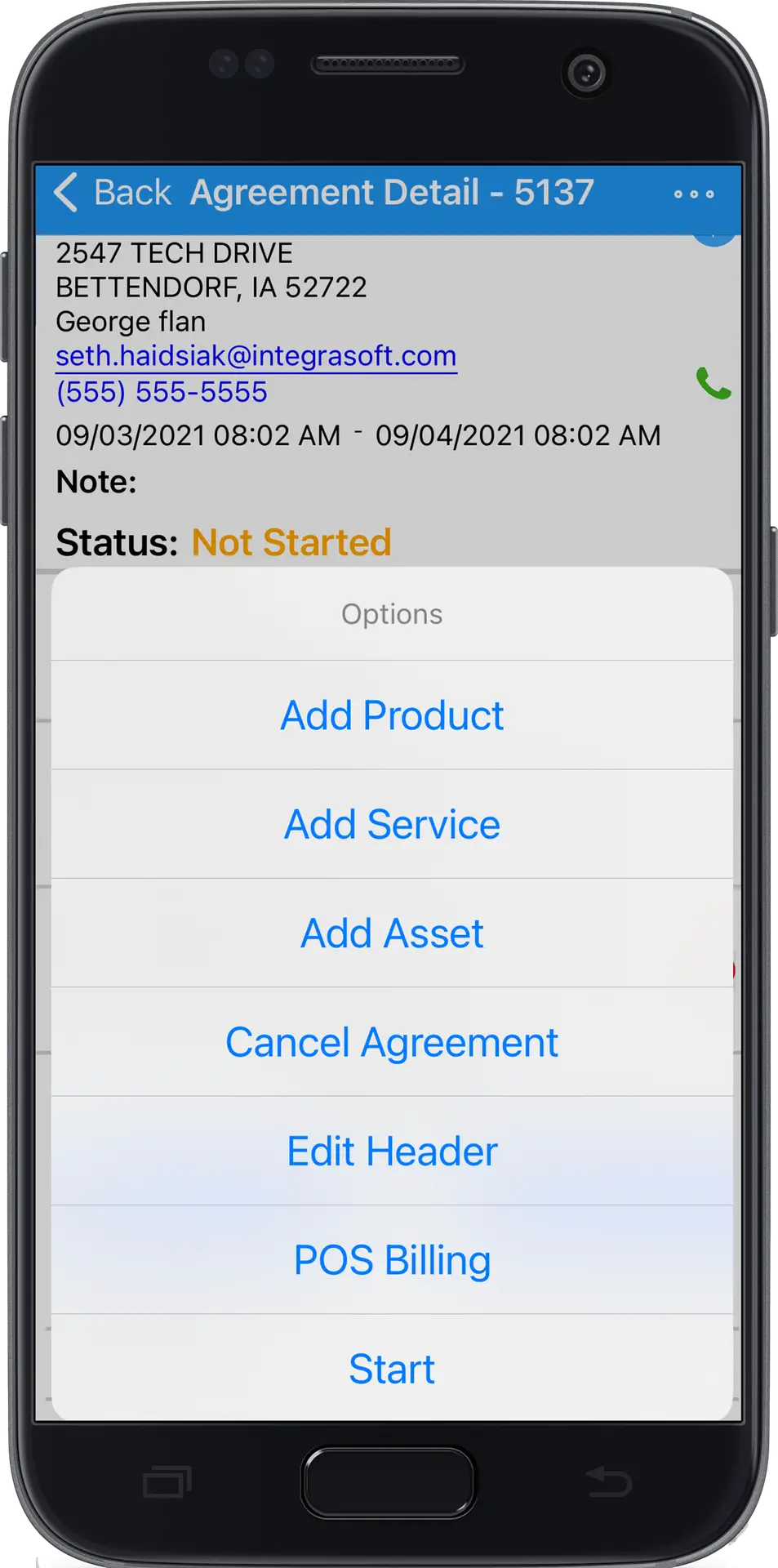 phone showing a rental agreement inside of integraRental software