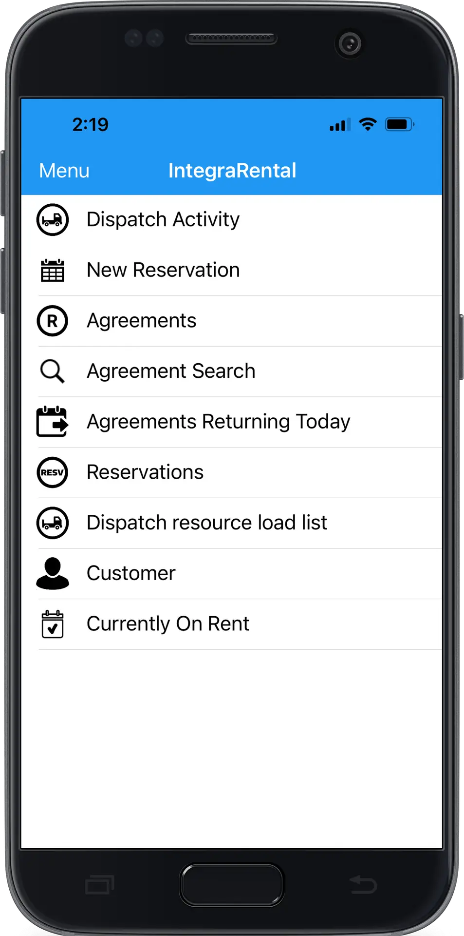integraRental rental software mobile app screen