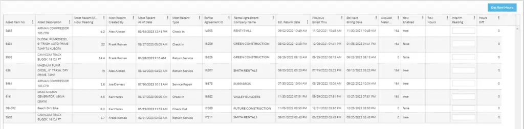 billing metered hours screenshot of integrarental software with rovitracker