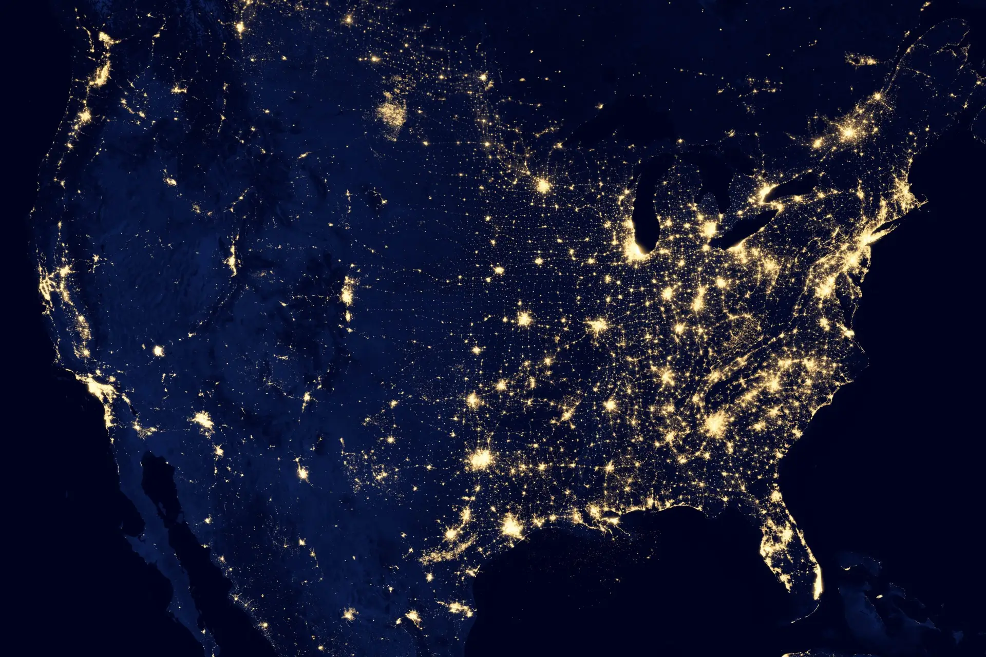 map of the united states lit up at night