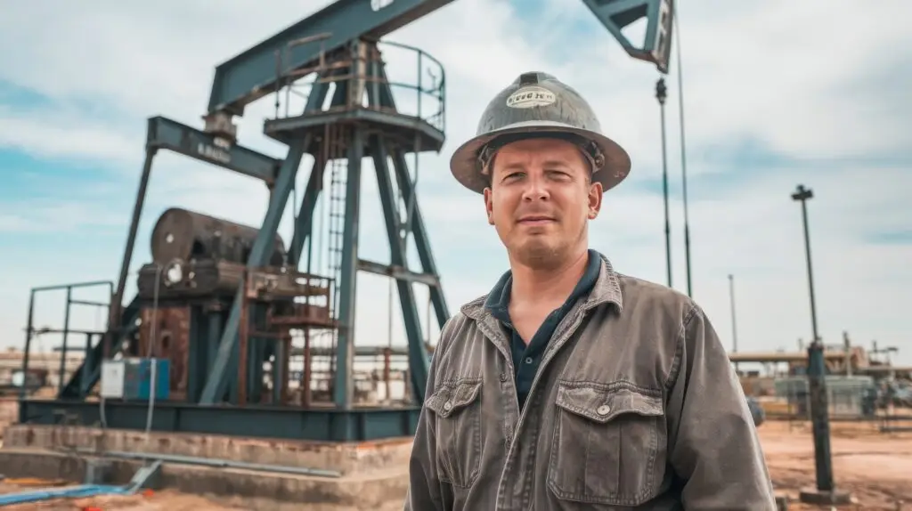 oil worker standing in front of an oil pump