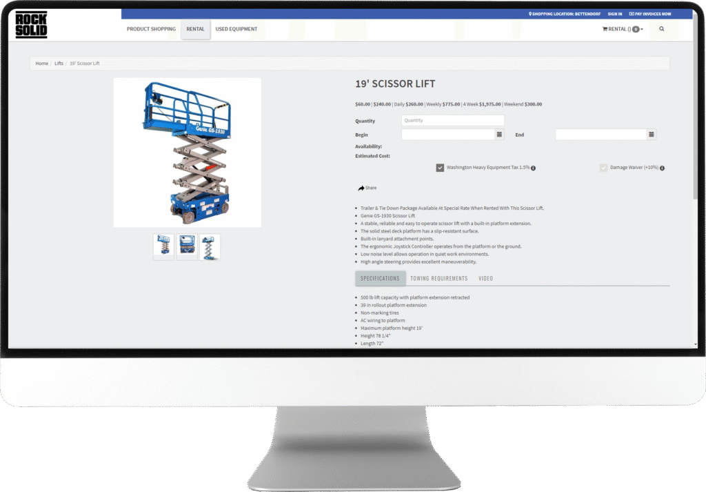 picture of a monitor with an eRental product page displayed