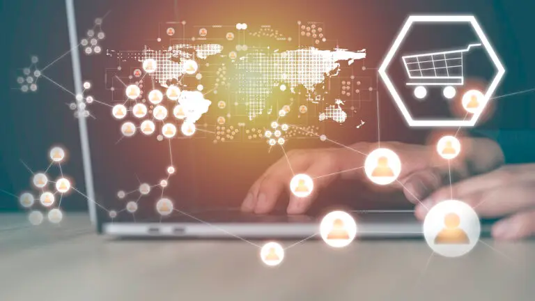 abstract image of technology and connectivity around the world with icons representing people and an ecommerce shopping cart