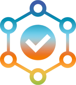 an icon showing a checkmark inside a circle with a network of nodes connecting outside it, representing integration