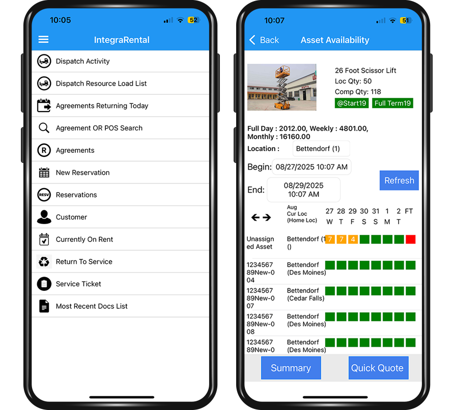 an image of two phones showing screens of the integraRental mobile app