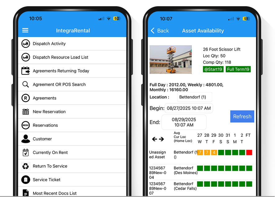 view of two mobile phones displaying a couple of the many integraRental equipment management mobile app features