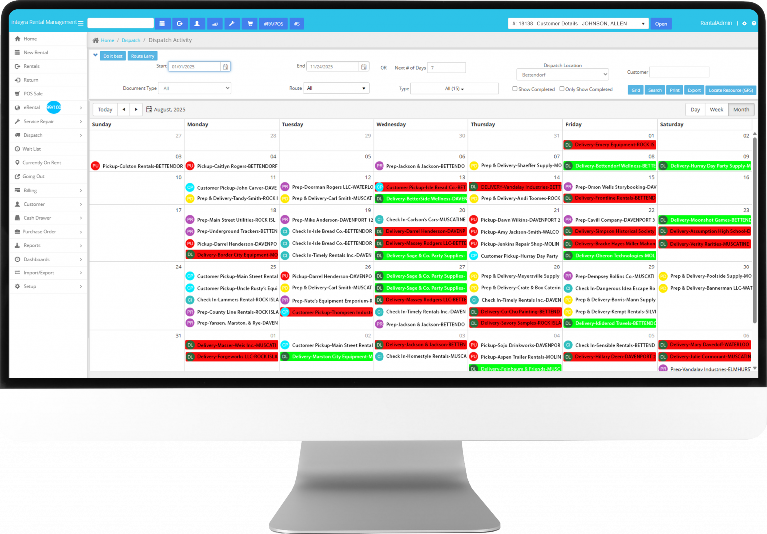 a monitor displaying the integraRental equipment rental software dispatch calendar