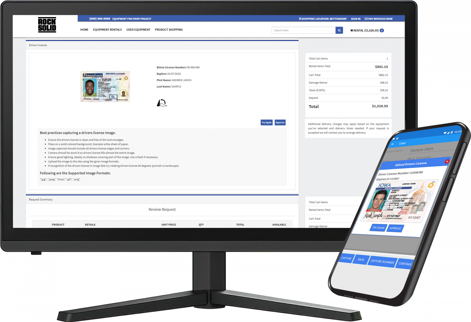 a monitor and phone displaying the ID Scan integration with integraRental equipment rental software