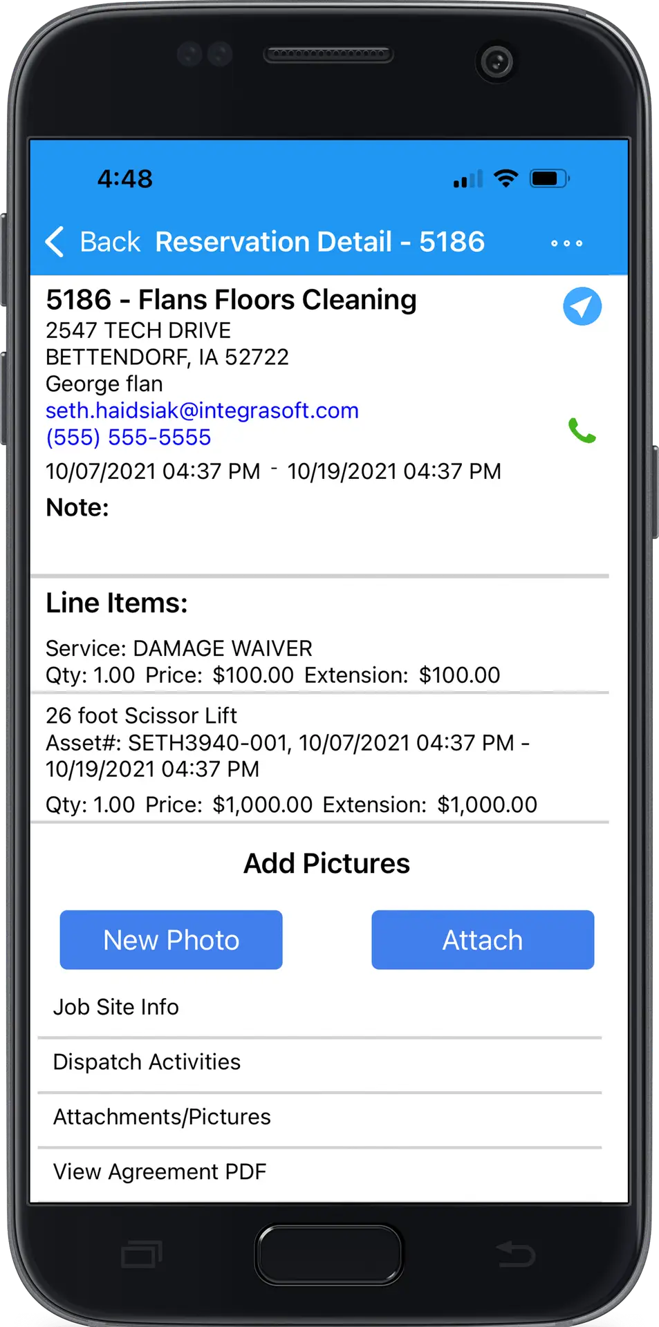 integrarental mobile app reservation details