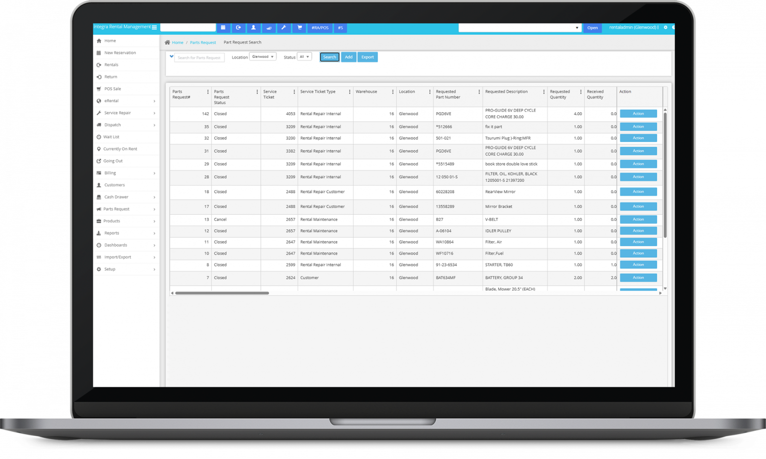 a laptop displaying the parts and labor tracking within integraRental