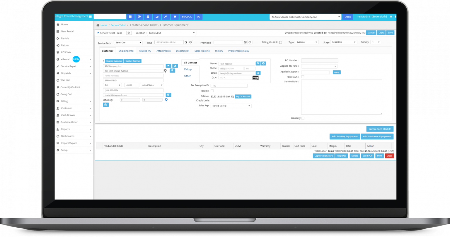 an example of integraRental's service ticket management