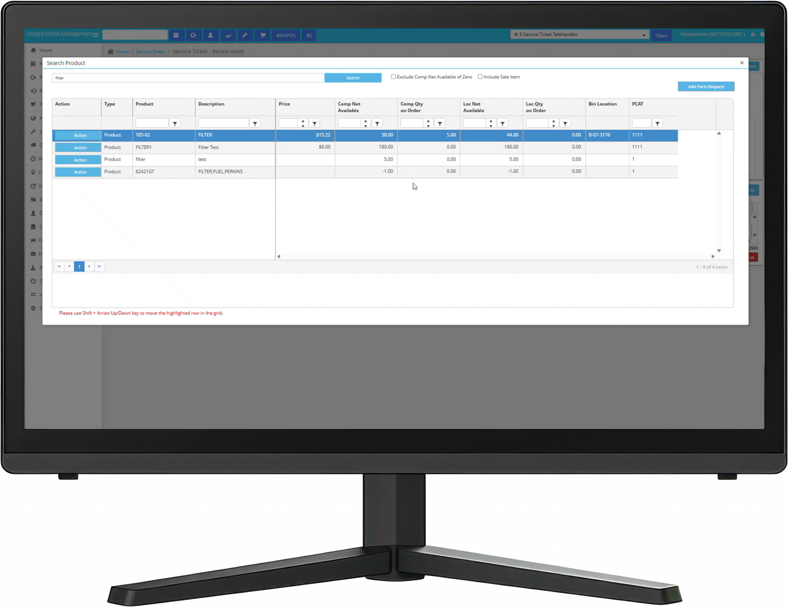 a monitor showcasing the purchasing and receiving parts request interface within integraRental