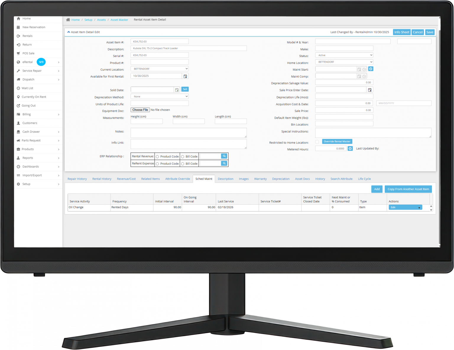a monitor showing the integraRental scheduled maintenance view