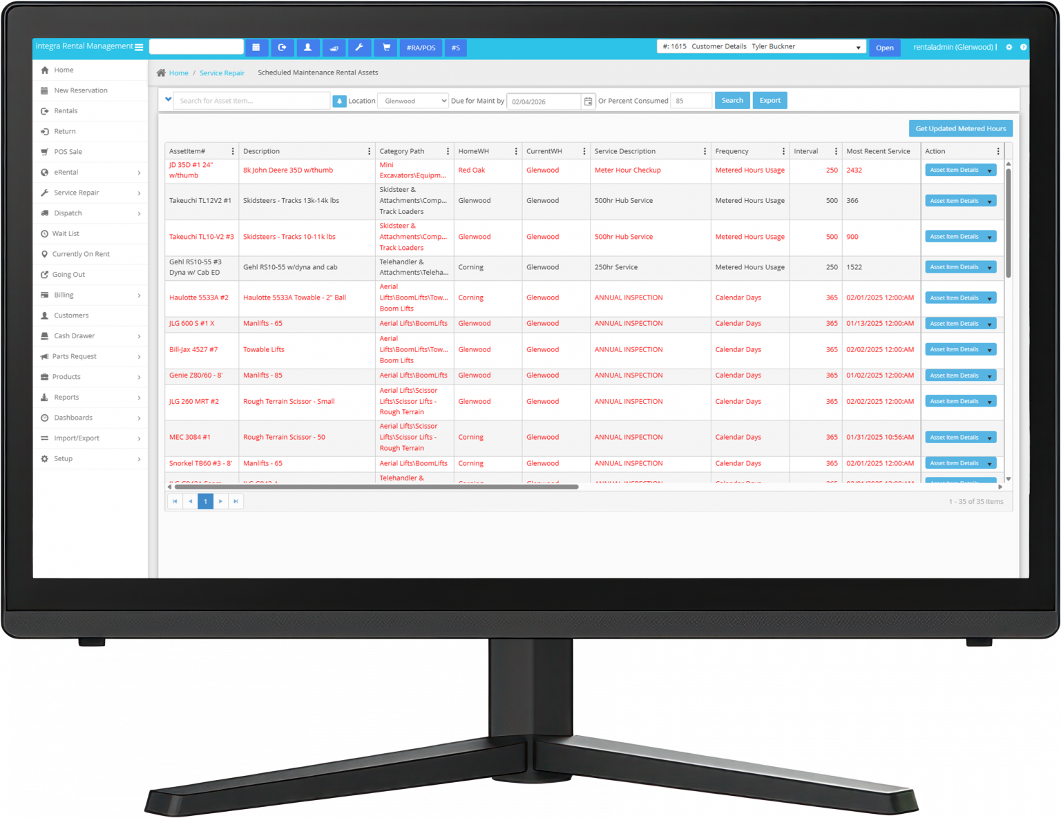 a monitor displaying an integraRental scheduled maintenance view
